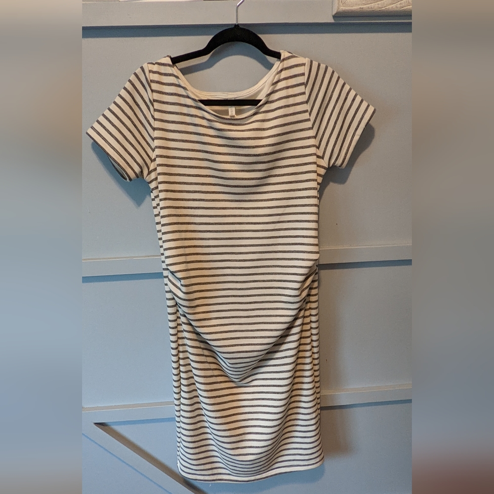 PinkBlush Maternity Ivory Grey Striped Fitted Dress Medium